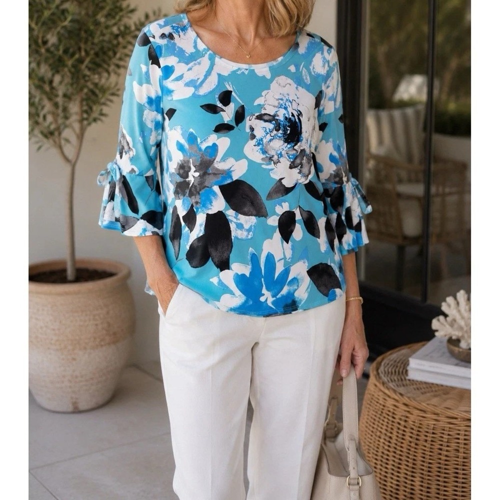 Clara Sun Woo Blue Floral Top Womens Petite Small Bell Sleeve Tie Detail USA